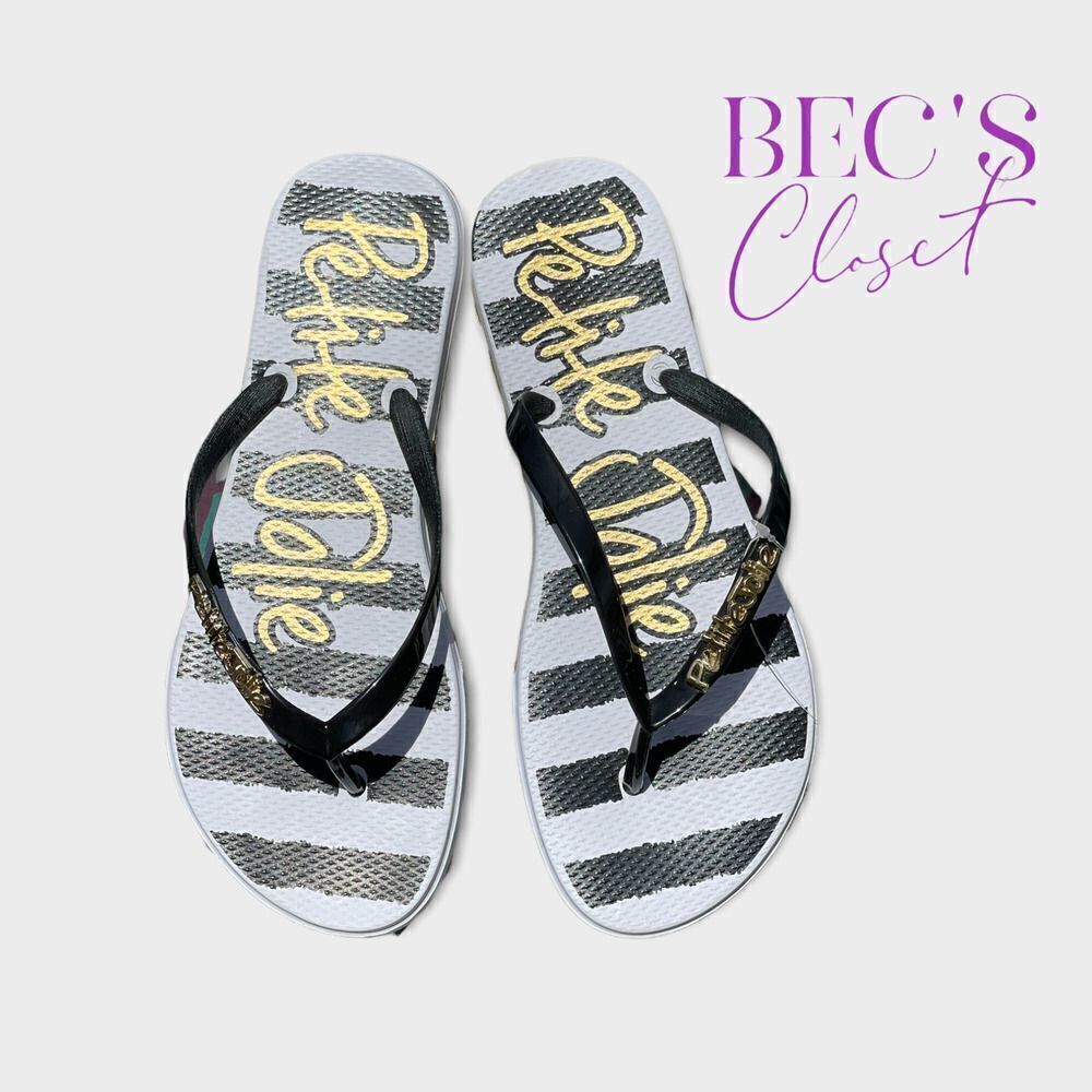 Petite Jolie Black Gold White Thong Flip Flop Size 91/2